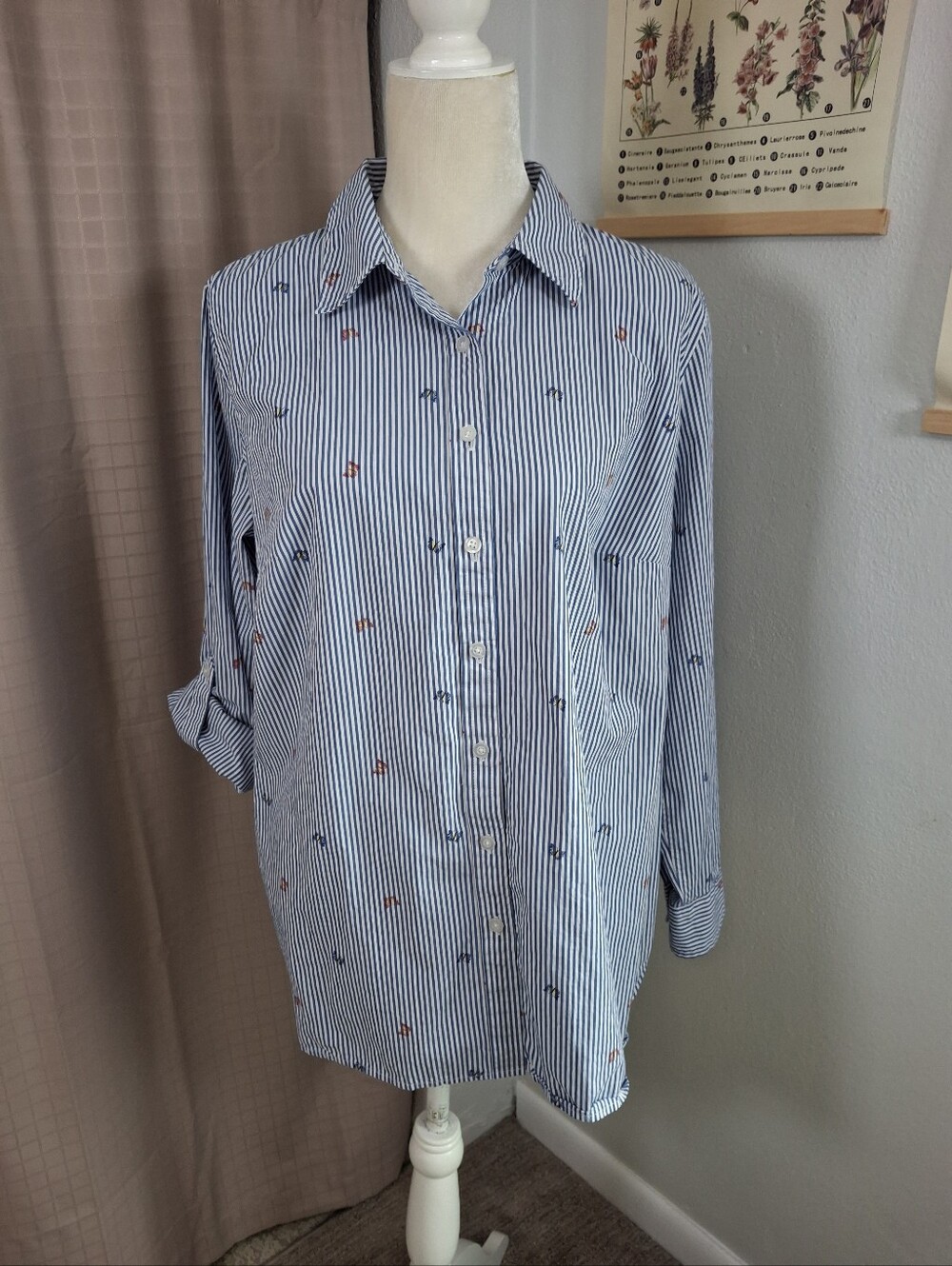 Talbots Tab Sleeve Button Up Shirt Blue White Stripes Butterflies Pattern Sz 1X